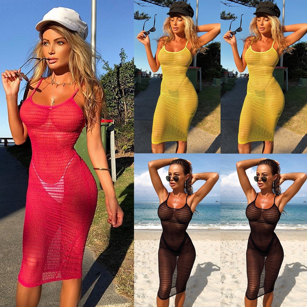 Women Sexy Spaghetti Strap Dresses Long Cover Up See-through Bodycon Dress