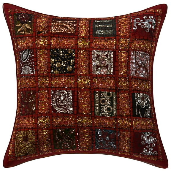 Stylo Culture Indian Decorative Throw Pillow Cover 16 x 16 Patchwork Embroidered Maroon Sequins 40x40 cm Home Decor Cotton Geometric Square Cushion Cover | 1 Pc