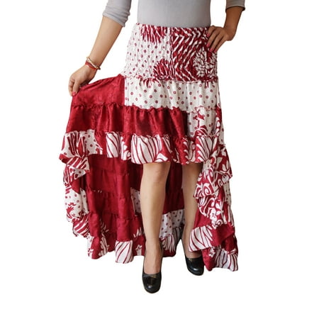 - Mogul Womens Gypsy Fairy Skirt Hi Low Recycled Sari Printed Free Falling Flirty Twirling Ruffle Skirts