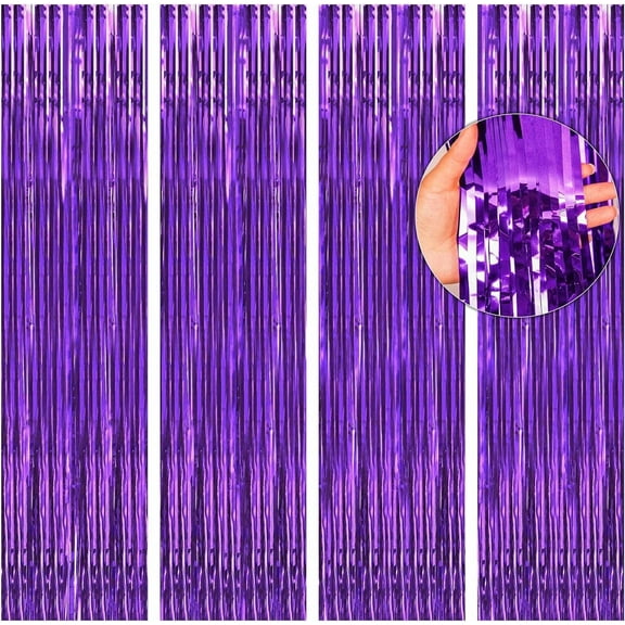 Purple Backdrop, 3.3 ft x 9.9 ft Birthday Party Decorations, 3 Pack Fringe Curtains Foil Streamer Tinsel, Curtains Photo Backdrop