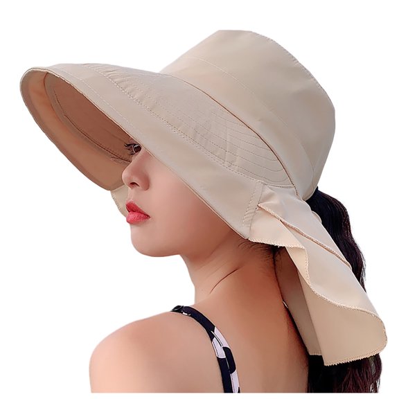 AWZXDE Wide Brim Ponytail Adjustable Beach Hat Sun Hat For Summer Outdoor Travel Sun Block And Casual Wear Beige