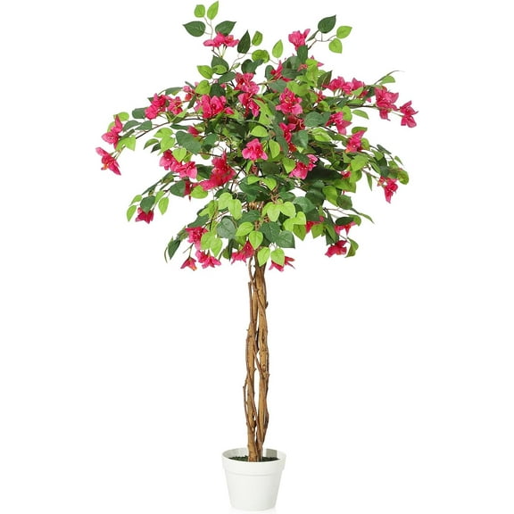 Artificial Bougainvillea Tree, 4FT Fake Flower Tree with White Pot Artificial Indoor Flower Tree with Pink Flowers, Faux Tree for Room Decor