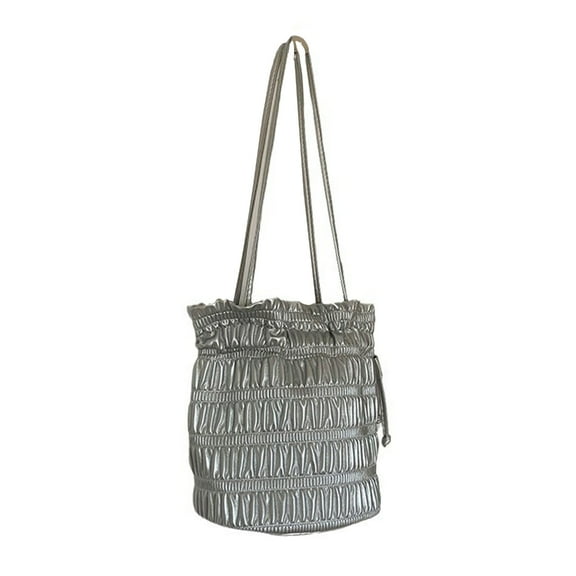 FENOHREFE Women Armpit Bag PU Leather Shoulder Bag Silver Bucket Bag Korean Styles Pleated Handbag All-matching Underarm Bag