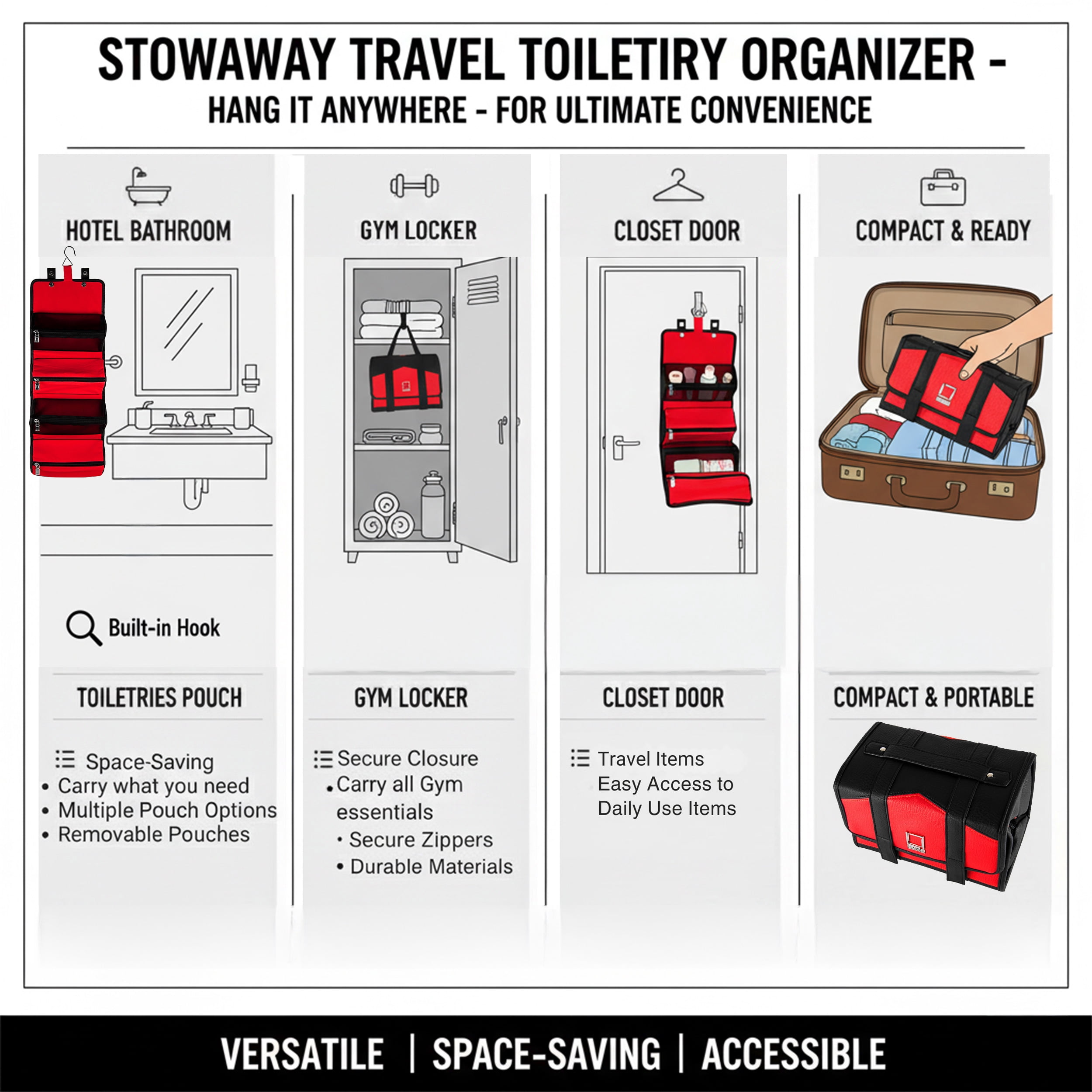 Compact Hanging Travel Toiletry Bag – Fold-Flat Organizer with Multiple Pockets, Water-Repellent Case for Travel & Everyday Use