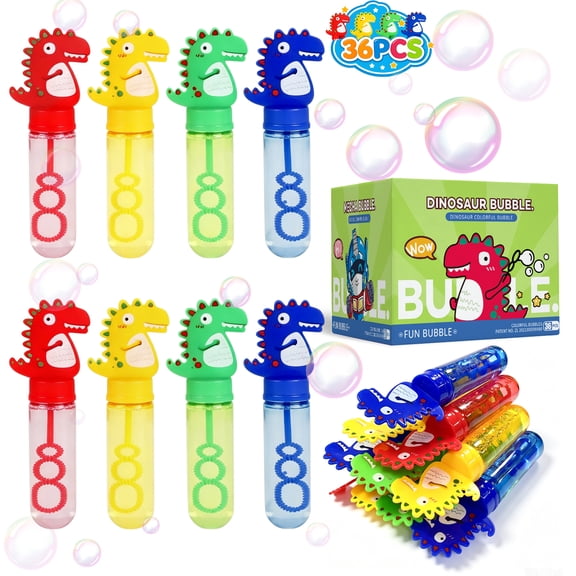 36 Pcs Mini Dinosaur Bubble Wands with Solution, 4 Colors - Short Bubble Blowers for Kids Birthday, Carnival, Classroom, Non-Candy Gift Filler
