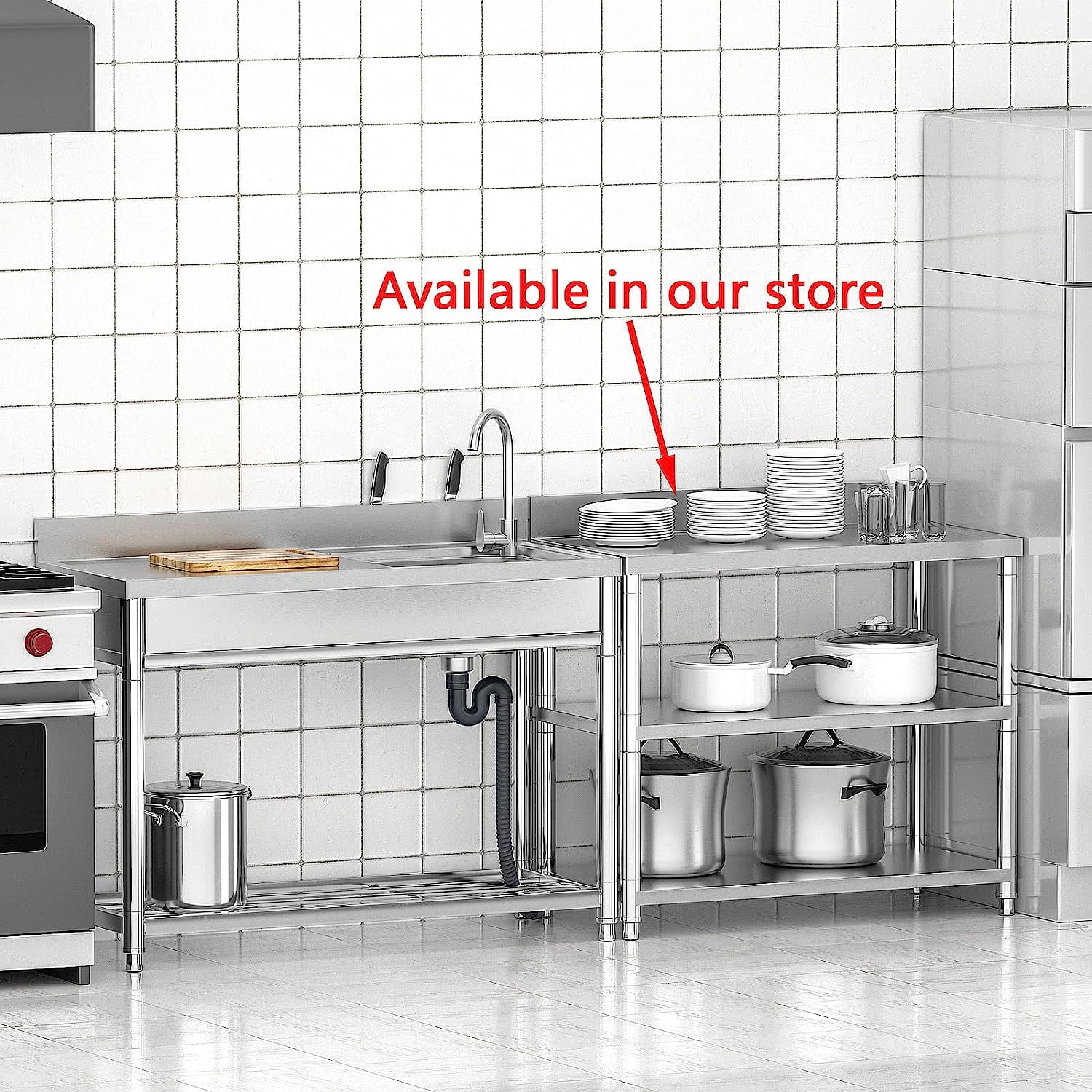 47*20*37 inch Free Standing Stainless-Steel Single Bowl Commercial Restaurant Kitchen Sink Set w/Faucet & Drainboard, Prep & Utility Washing Hand Basin w/Workbench & Storage Shelves