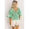 thumbnail image 2 of Women's Green Floral Smocked V-Neck Blouse – Casual Short Sleeve Summer Shift Top, XL, 2 of 12