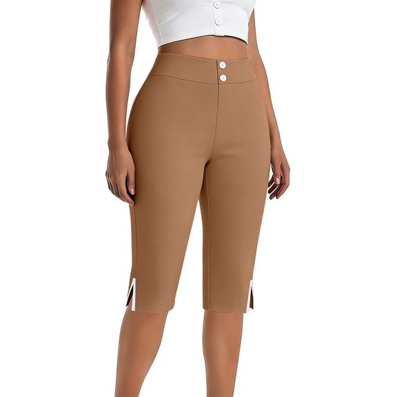 AHTJRT Yoga Capris for Women Stretchy Elastic High Rise Button Waistband Summer Capris Leggings Side Slit Casual Workout Active Crop Trousers Khaki L