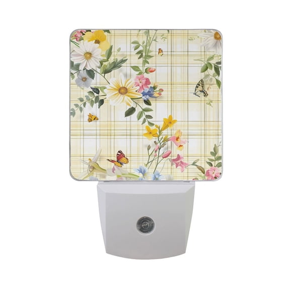 Flowers and Butterflies on Plaid Night Light 2 Pack LED Nightlight Plug into Wall Dusk to Dawn Sensor Soft White