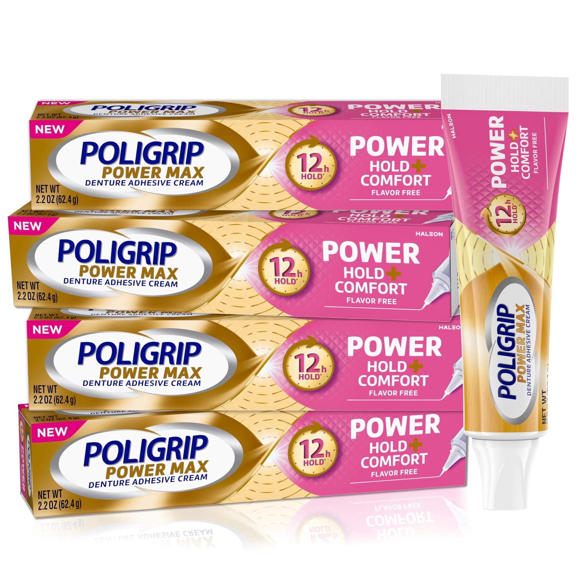 Poligrip Denture Adhesive, Power Max Hold Plus Comfort Denture Adhesive Cream, 2.2 Ounces Pack of 4