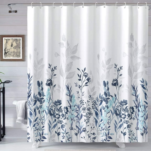 Blue and Grey Shower Curtain, Watercolor Floral Bathroom Curtain Teal and White Shower Curtains 72×72 inches