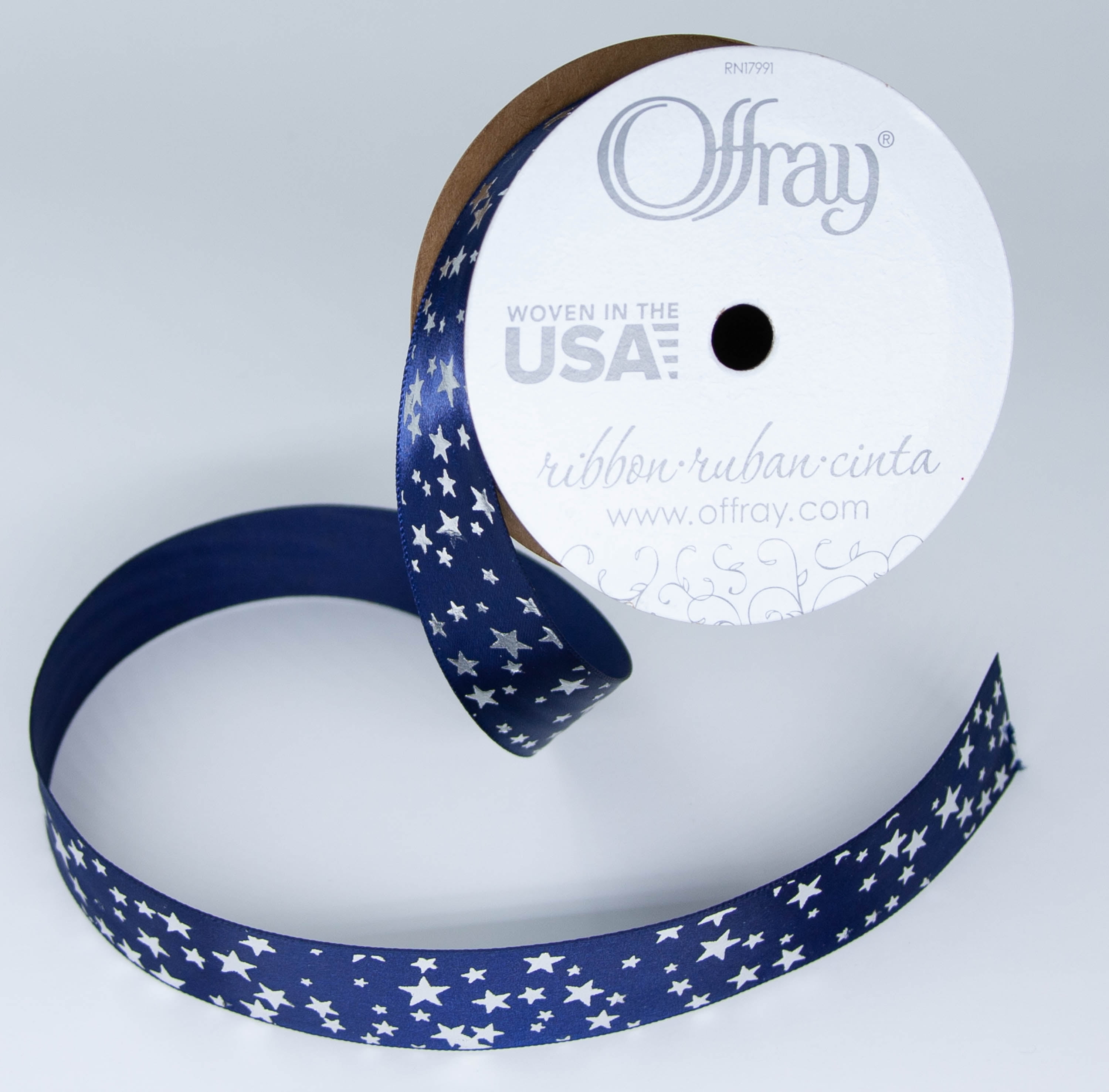 Offray Ribbon, Navy 7/8 inch Silver Stars Satin Ribbon, 9 feet