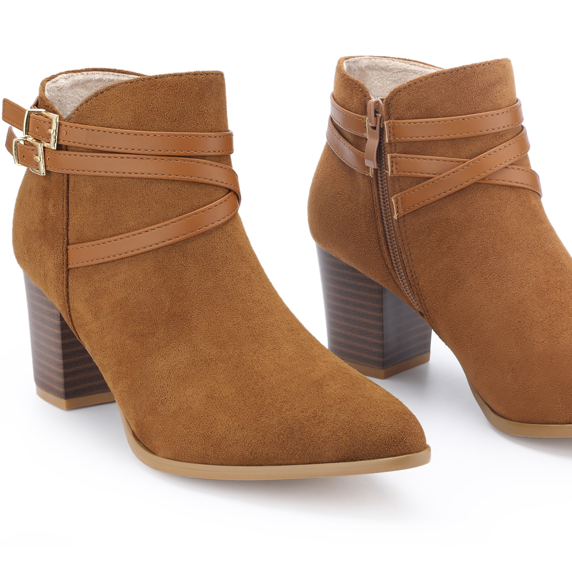 DARING DIVA Strappy Pointed Toe Buckle Chunky Heel Ankle Booties Brown 7