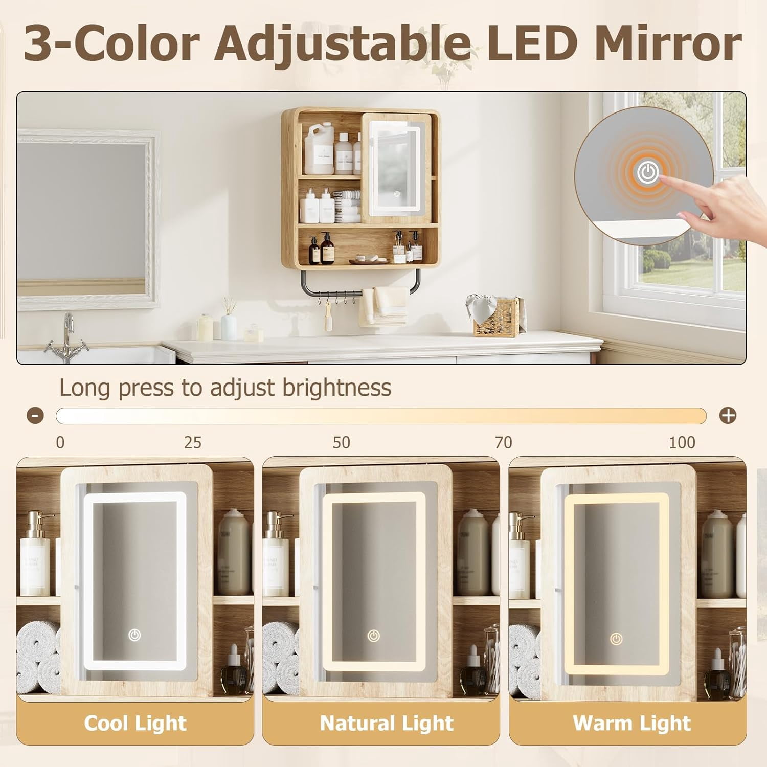 Vecenuy Modern Bathroom Wall Cabinet with Mirror, over-The-Toilet Storage & Towel Bar, Sliding Door, 3 Lighting Modes & Adjustable Brightness, Natural Oak