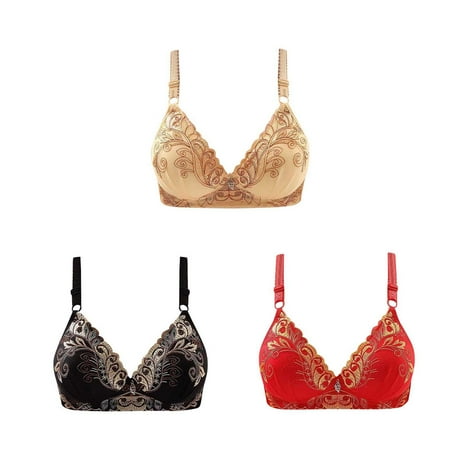 3PC Bras for Women V Plunge Embroidered Glossy Full Coverage Extra-Elastic Comfortable Underwear Push Up No Rims Bra Yellow 40B