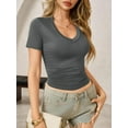 thumbnail image 5 of Summer Short Sleeved Deep V-neck Solid Color Women Slim Fit T-shirt, 5 of 5