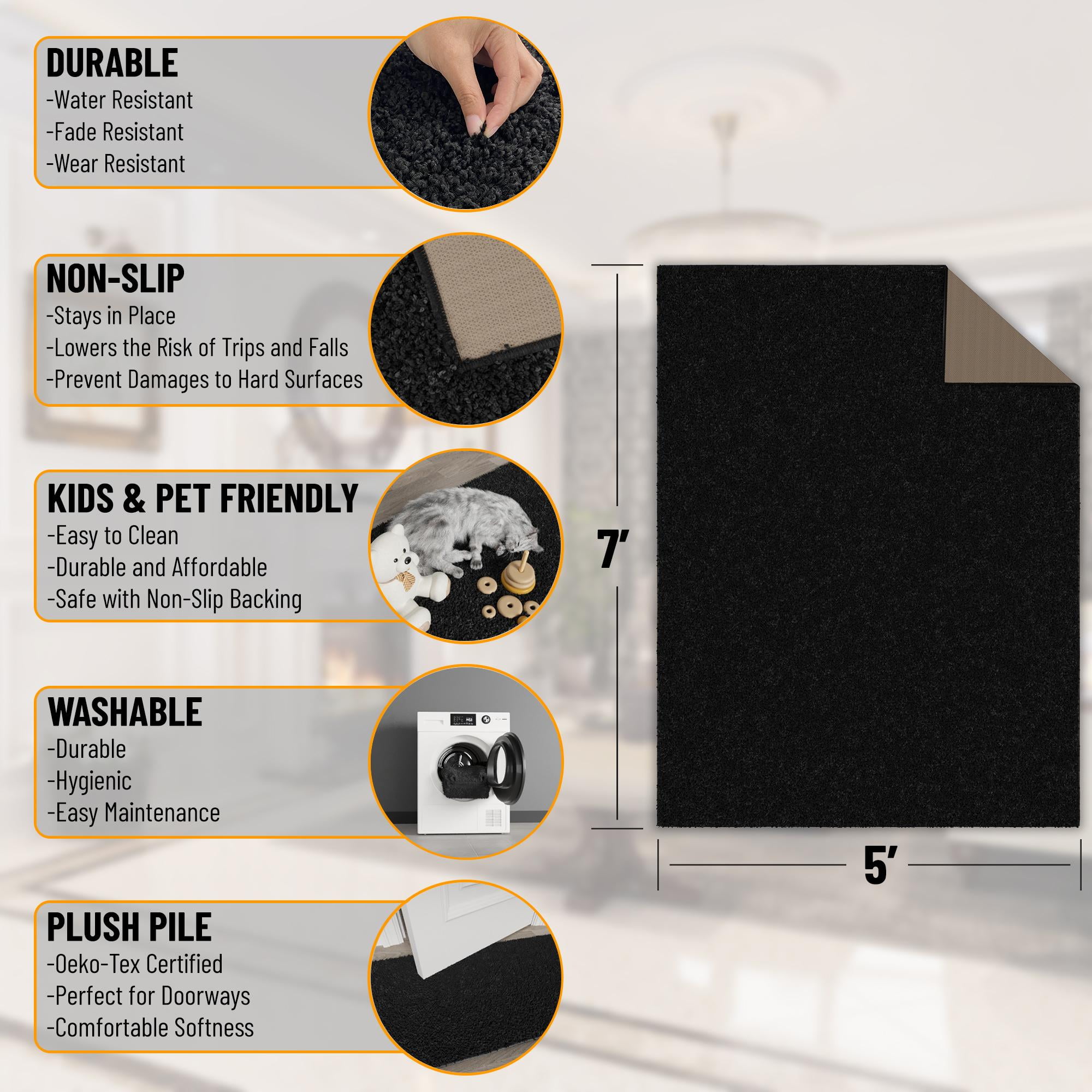 Sweet Home Stores Cozy Non-Slip Rubberback Solid 5x7 Soft Indoor Area Rug, 5' x 7', Black