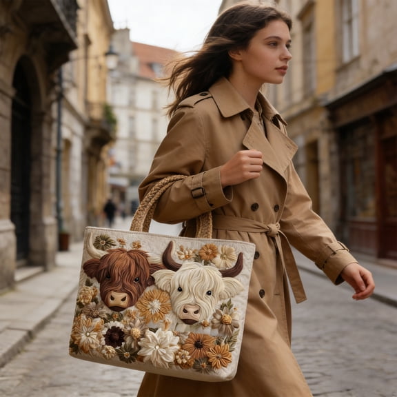 3D Embossed Highland Cow & Floral Tote Bag, Stylish Canvas Handbag with Woven Handle, Ideal for Shopping, Beach Trips, Daily Use and Gift Giving S