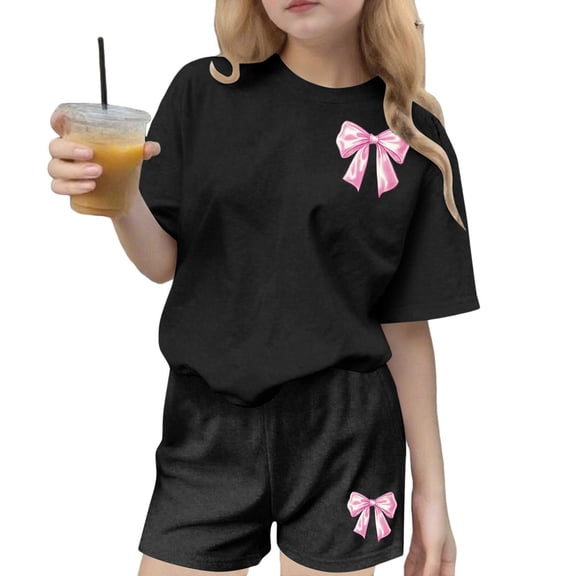 Hrsba Girls 2 Piece Outfits Print Crew Neck Short Sleeve T Shirt Shorts Casual Versatile Active Wear Matching Set for Girls Summer Daily Wear
