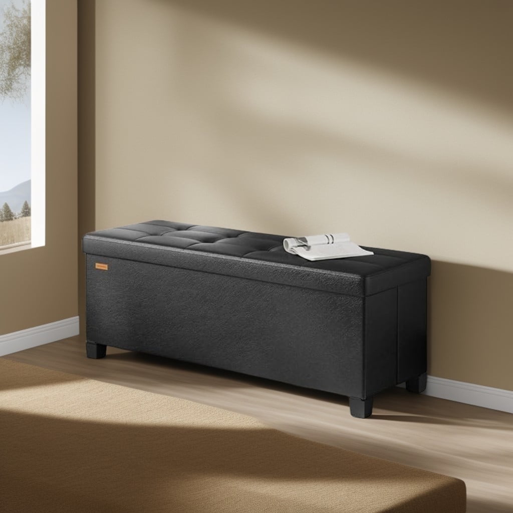 LEDREM 43-Inch Storage Ottoman Bench, 660 lb Capacity Foldable Footrest with 30 Gallon Storage, Synthetic Leather, Ink Black