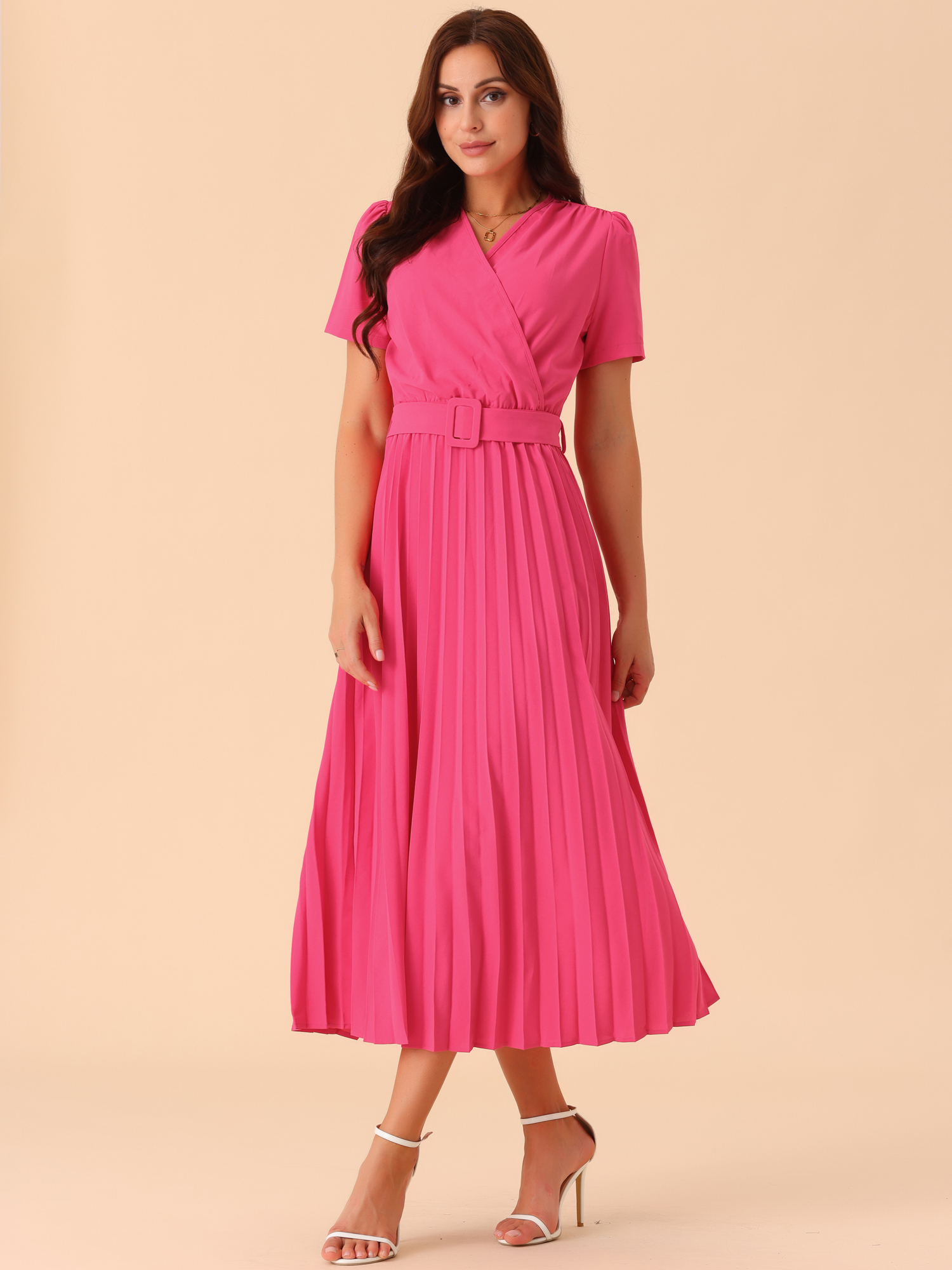 DARING DIVA Short Sleeve Wrap V Neck Flowy Pleated Midi Dress S Hot Pink