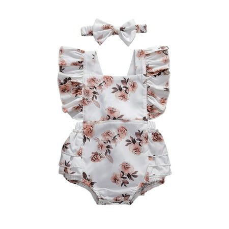 

6-24M Baby Girl Romper for Newborn Girls Cute Headband Outfit (Beige 6-9M)