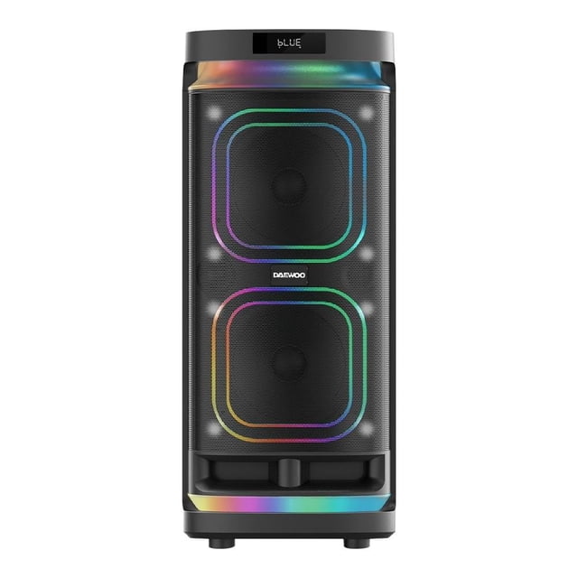 bafle daewoo recargable bluetooth negro dw2010 frontal centrado de bafle negro Daewoo con dos parlantes de 10" tras rejilla, anillos LED multicolor alrededor de cada driver, pantalla superior pequeña, base con control giratorio y patas cortas; diseño vertical portátil para eventos, conectividad Bluetooth y batería recargable.