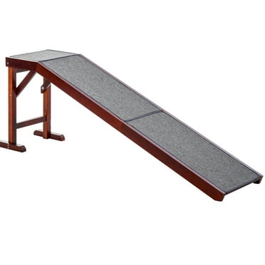 PawHut Pet Ramp for Dogs Non-slip Carpet Top Platform Pine Wood 69.75"L x 16"W x 25"H, Brown Grey