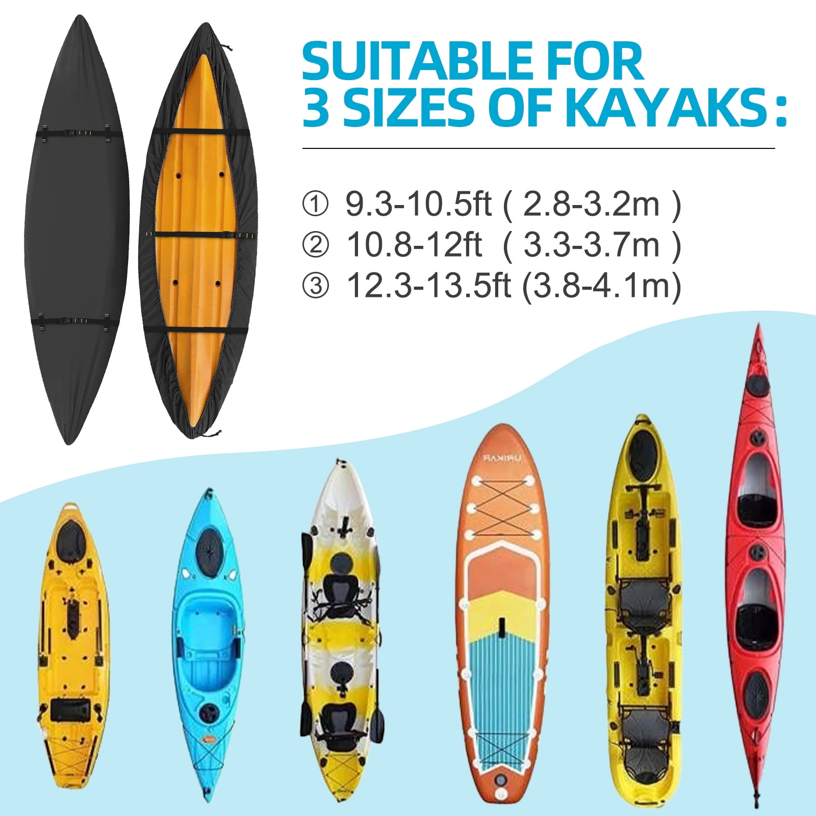 Seapisode 600D Kayak Cover,Heavy Duty Tear Resistant Canoe Cover, Waterproof & UV-Proof Trailerable Kayak Covers for Outdoor and Indoor Storage(Fits 9.3-10.5ft）Black