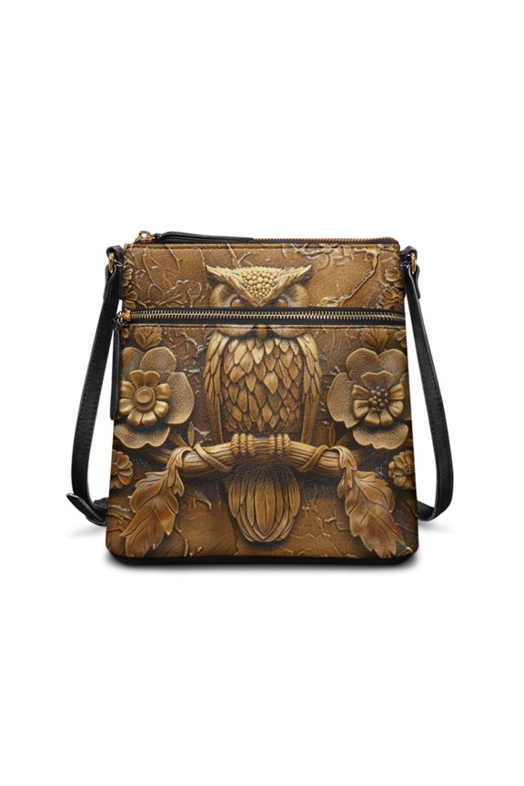 Vintage Owl Print Leather Satchel Bag for Women Multi Pocket Hobo Bag Zipper Crossbody Shoulder Purse with Adjustable Strap for Travel Everyday Use, Brown