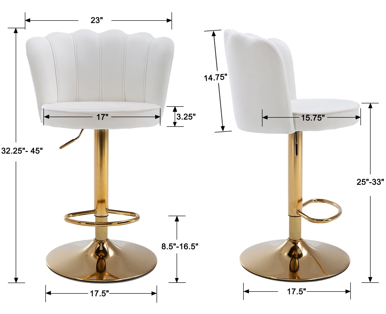 Guyou Swivel Adjustable Bar Stools Set of 2, Velvet Counter Height Barstools with Petal Back and Gold Footrest, Modern Counter Bar Height Stool Chairs for Kitchen Island Bar Cafe, Cream