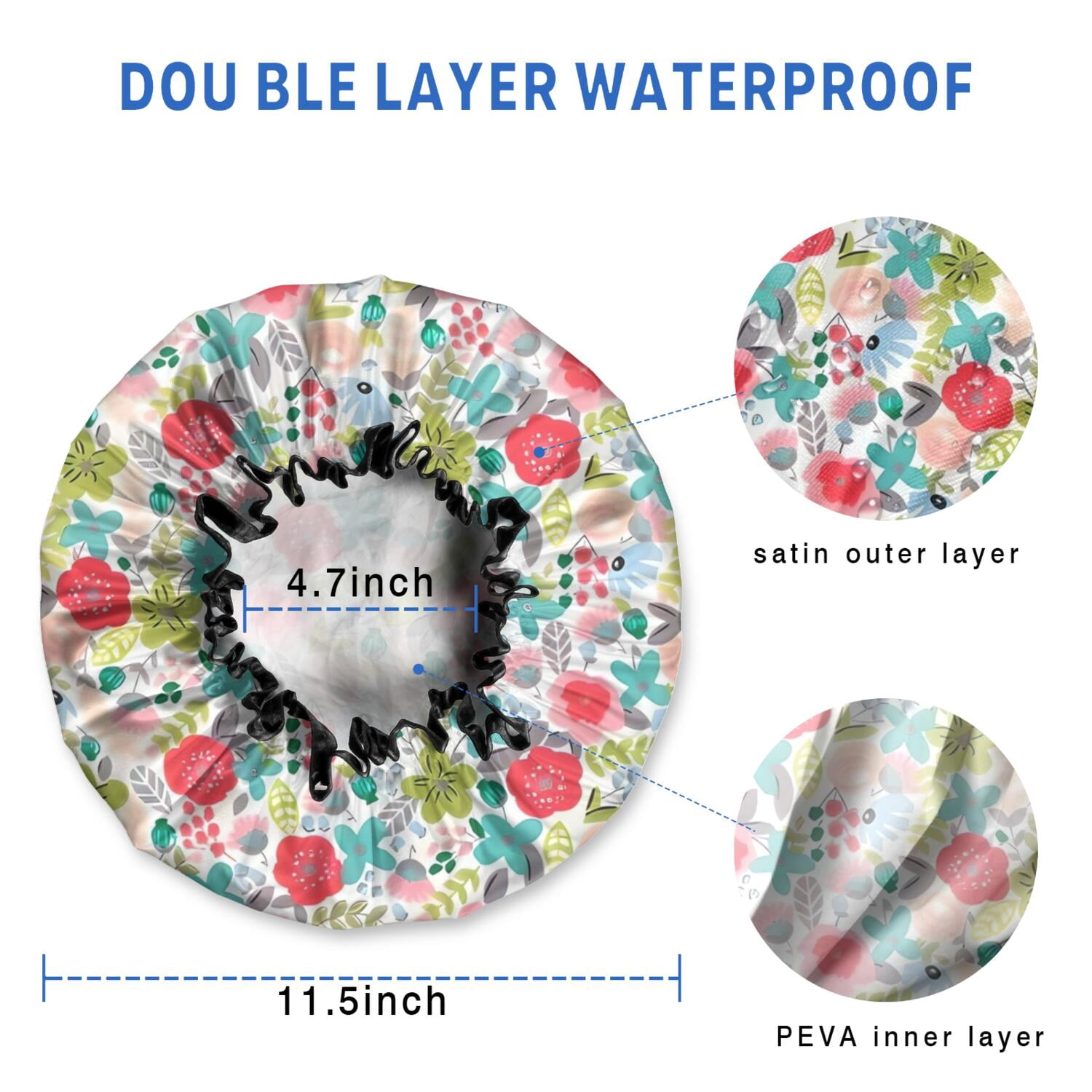 Shower Caps,Pioneer Flower Floral Print Pattern Waterproof Shower Cap for Women 4 Pieces,Double Reusable Hair Cover for Shower PEVA Elastic Stretch Hem