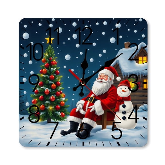 RKSupls 10×10inch Square Silent Wall Clock Wooden Frame, Santa Snowman Christmas Winter Scale Decorative Clock for Home Bedroom Living Room Office