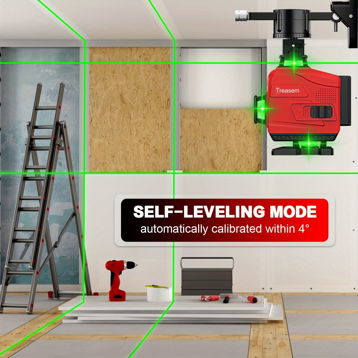4x360 Laser Level, 82ft/25m, ±1mm/7m Precision, With Self-leveling and Manual Mode, including Magnetic Bracket, Remote Controller and 2 Lithium Rechargeable Battery