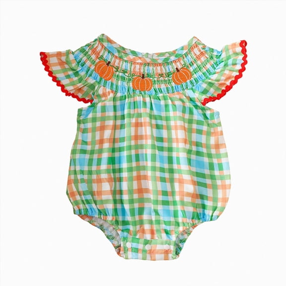 KPOPLK Baby Girl Halloween Romper One-piece Fly Sleeve Pumpkin Print Bubble Bodysuit Fall Pumpkin Patch Outfit for 3 6 9 12 18 Months Size 6-12 Months,Green