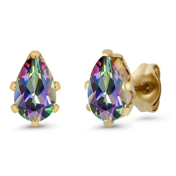 Gem Stone King 2.00 Ct 8x5mm Green Mystic Topaz Brass Yellow Gold Plated Brass Stud Earrings for Women Men