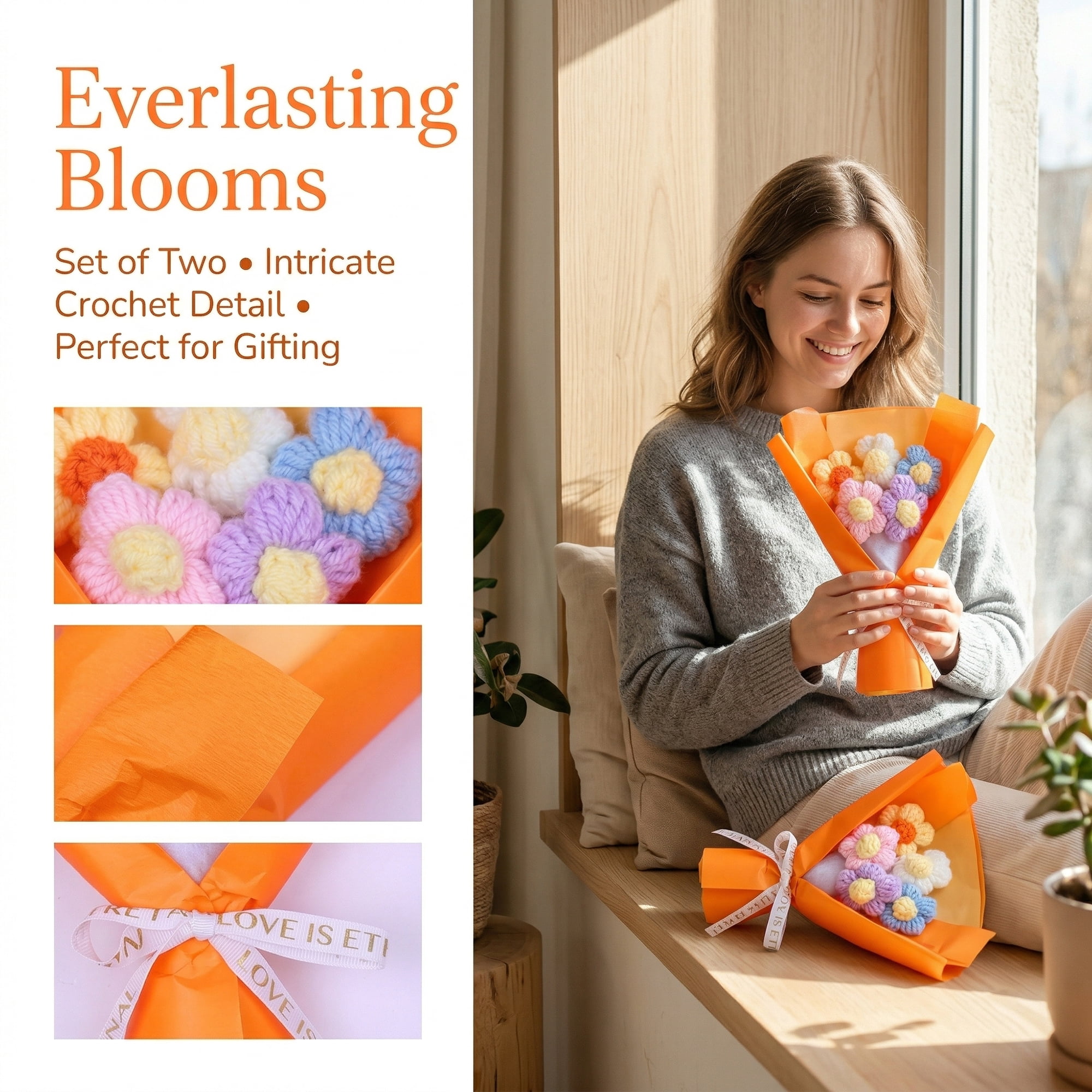 Unique Bargains Handmade Crochet Eternal Knitted Flowers Bouquet with Wrap Orange 7.1 in