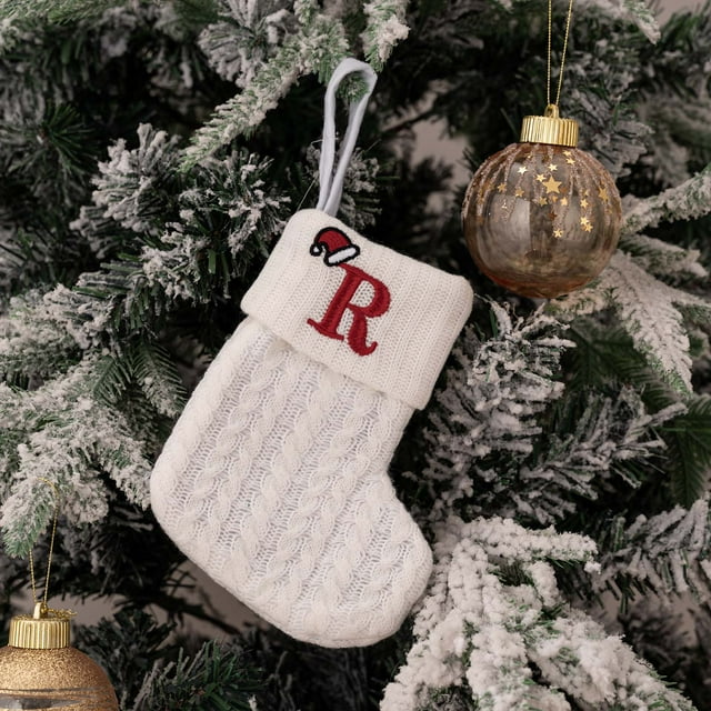 Xihbxyly Calcetines Navideños de Punto, Alfabeto Bordado Decorativo, Bolsa de Regalo Festiva, Medias de Lana para Decoración Navideña, Encantador Diseño de Enano, Navidad Blanca, Tamaño Mediano, 18 X
