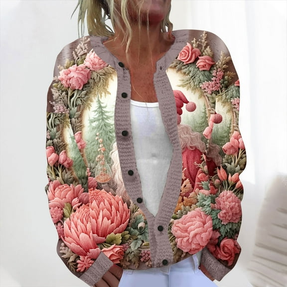 Fznquz Knitted Cardigan Sweaters for Women Lightweight Long Sleeve Sweater Multicolor Christmas Floral Fall Winter Jackets