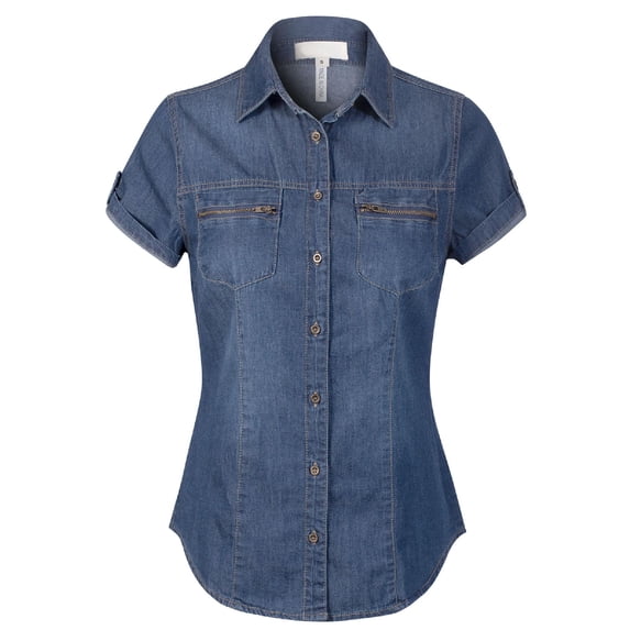 Made by Olivia Women's Roll Up Short Sleeves Zippered Chest Pocket Denim Chambray