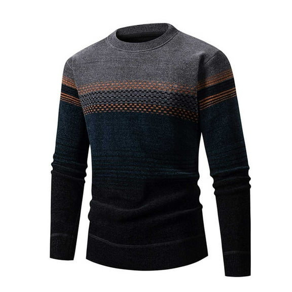Men's Fashion Leisure Round Neck Stripe Color Blocking Long Sleeve Winter Sweater