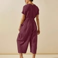 thumbnail image 4 of up to 60% off Gifts Usmixi Jumpsuits for Women Dressy Fashion Elastic Waist Pleated Cotton Linen Pocket Jumpsuits Summer Crewneck Short Sleeve Solid Long Trendy Rompers Wine xxl, 4 of 7