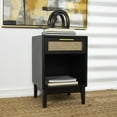 thumbnail image 3 of DecMode 18" x 26" Black Wood 1 Drawer and 1 Cubby Shelf Accent Table with Beige Rattan Drawer and Gold Handle, 1-Piece, 3 of 15