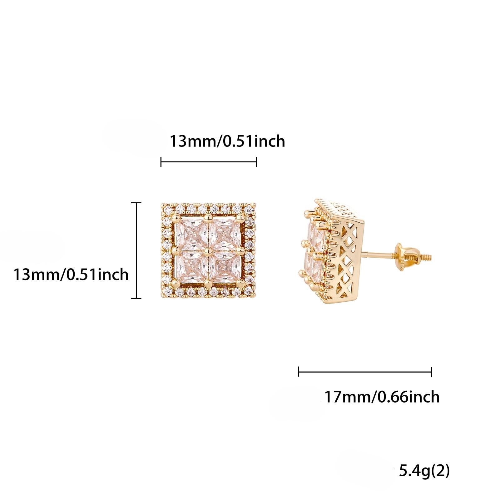 Unisex square stud earrings, hypoallergenic, 18K white gold/yellow gold plated, princess-cut clear cubic zirconia, 13mm.