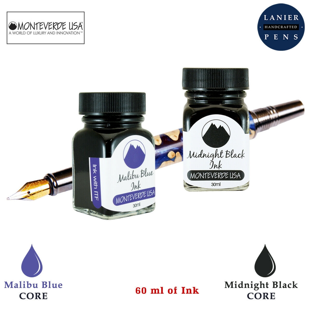 Monteverde 60ml Core Fountain Pen Ink Bottle (30ml Malibu Blue Ink Bottle G309MU, 30ml Midnight Black Ink Bottle G309MB)