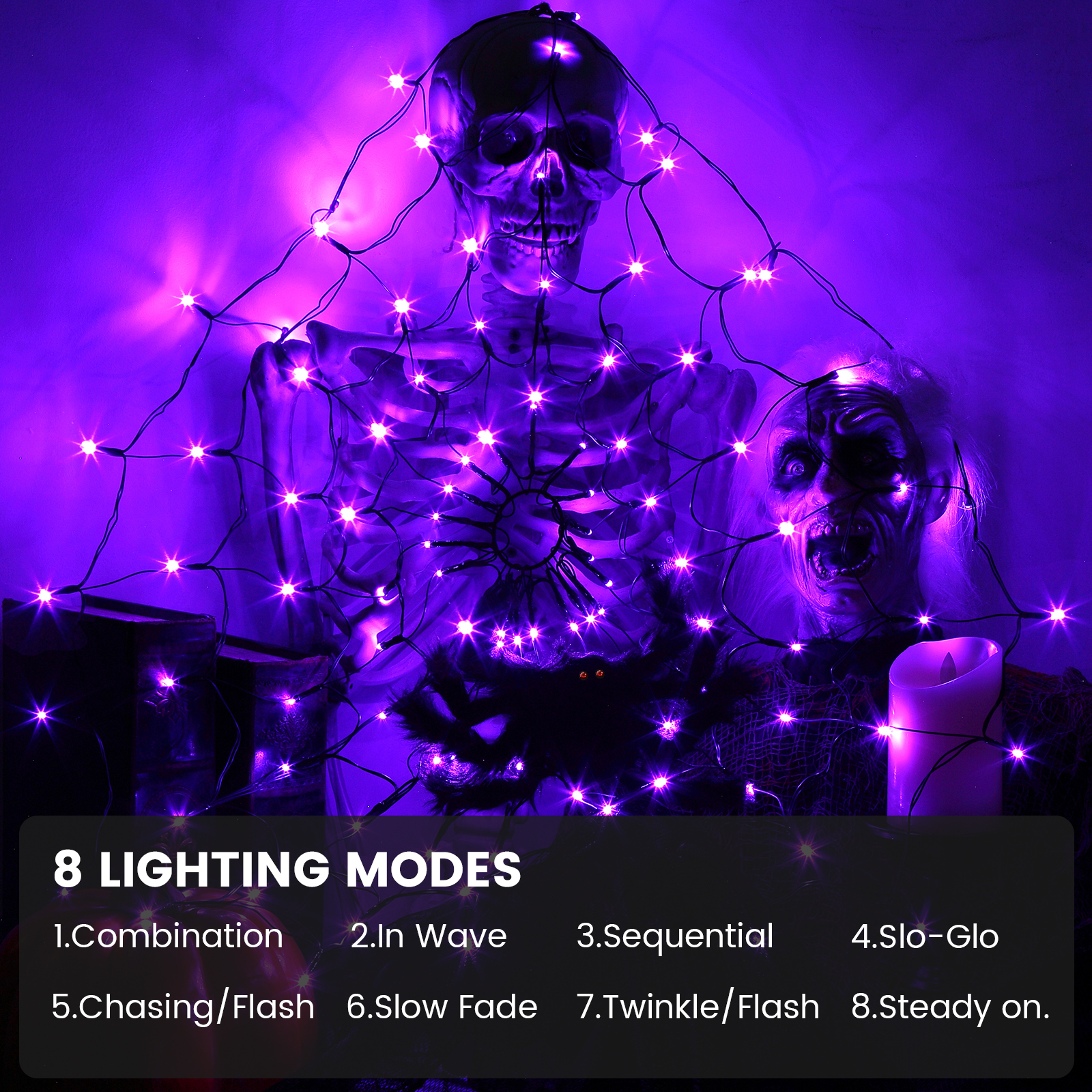Sakiyr Halloween Spider Web Lights, 2.5FT Purple LED Spider Web with 8 Lighting Modes for Party Decoration - image 3 of 8