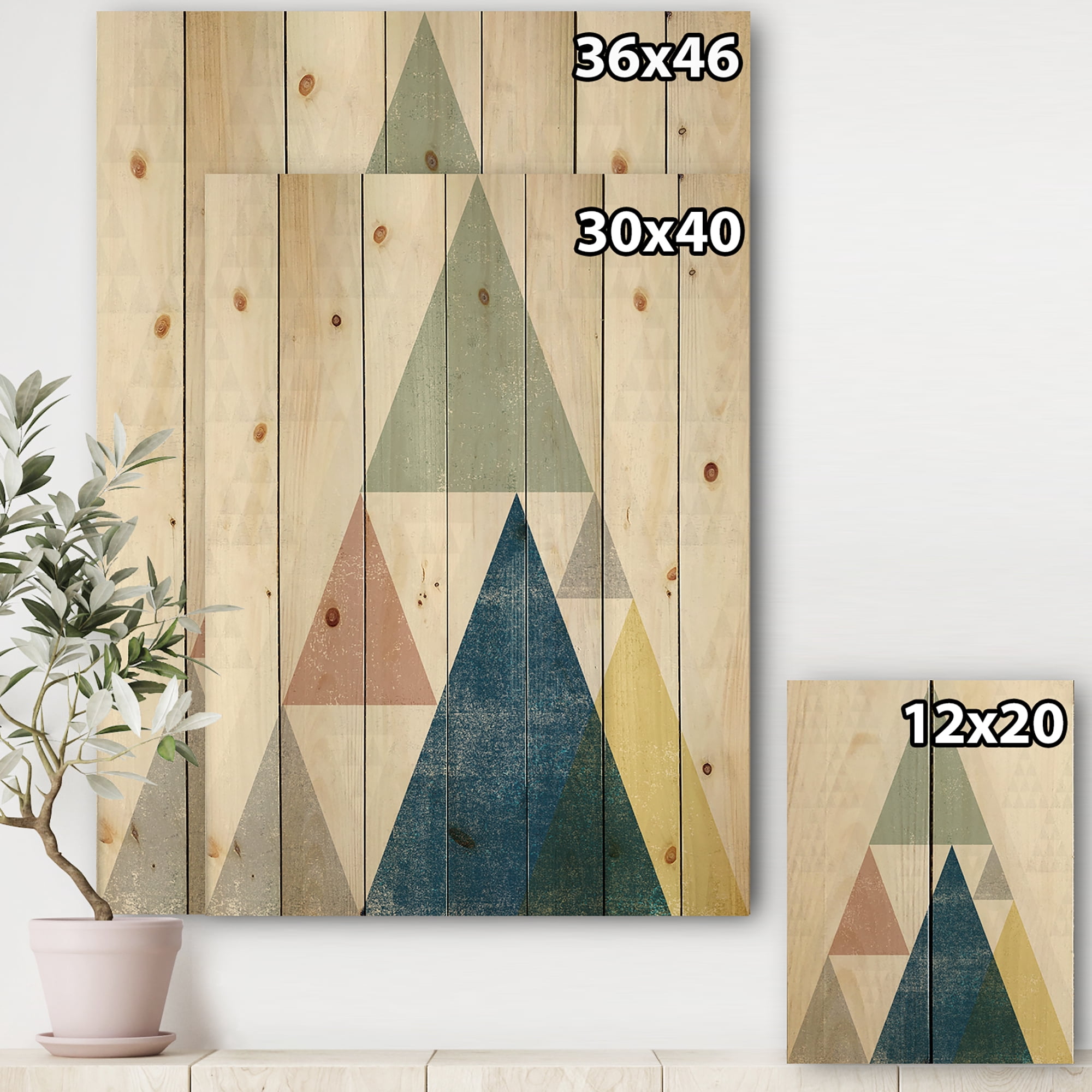 Designart 'Composition Geometrical Triangles I' Modern & Transitional Print on Natural Pine Wood