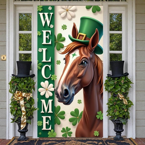 Green Theme St. Patrick's Welcome Banner Horse Display Shamrock Pattern Horse Design Clover Backdrop for St. Patrick's Day Party Festival Welcome Decoration