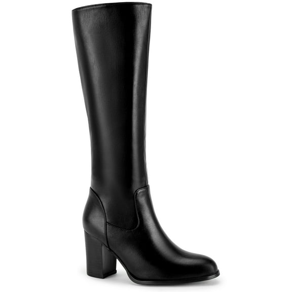 BLISSFUL STEP Round Toe Chunky Heel Knee High Boots for Women Black 7
