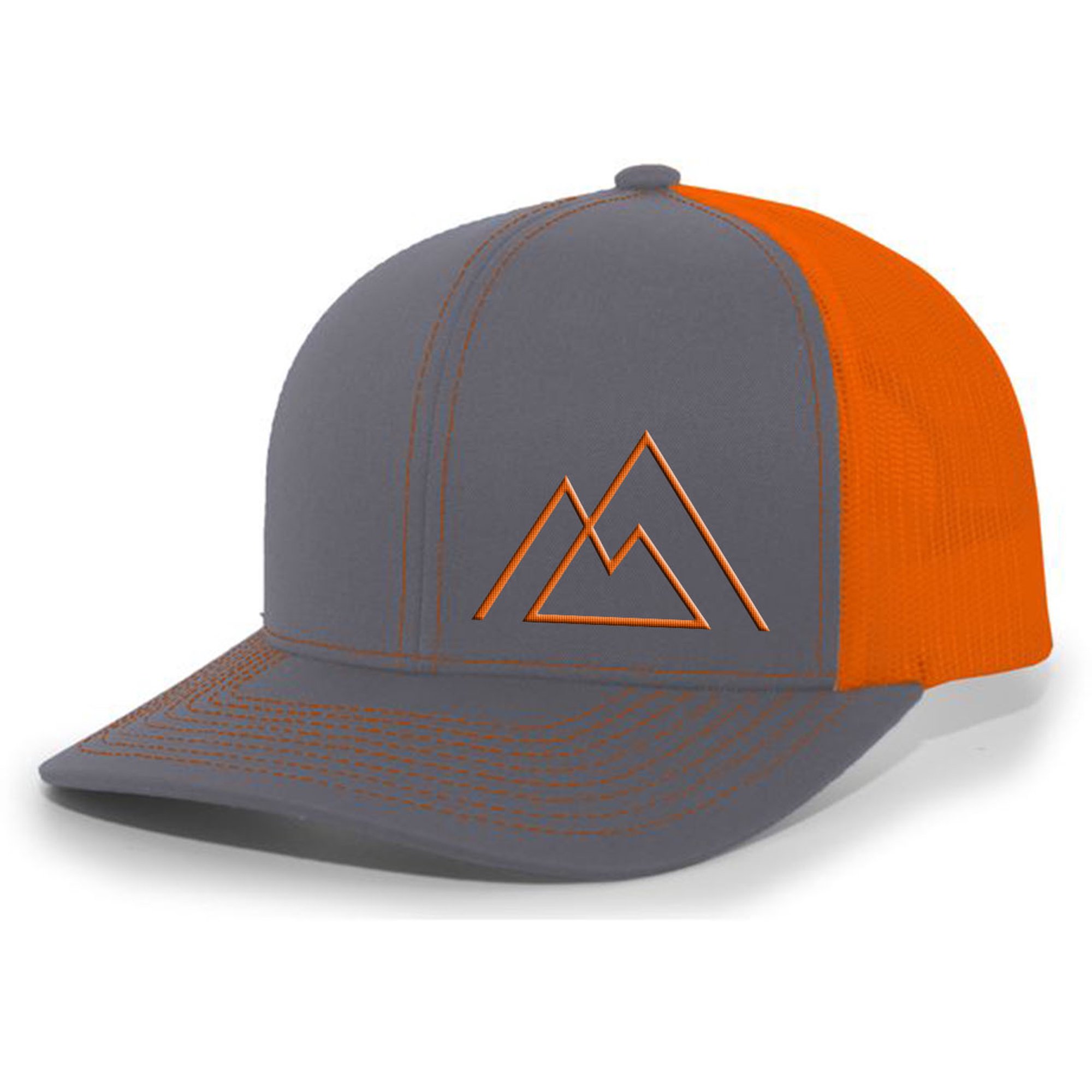 Heritage Pride Geometric Mountain Nature Mens Embroidered Mesh Back Trucker Hat Baseball Cap, Charcoal/Neon Orange